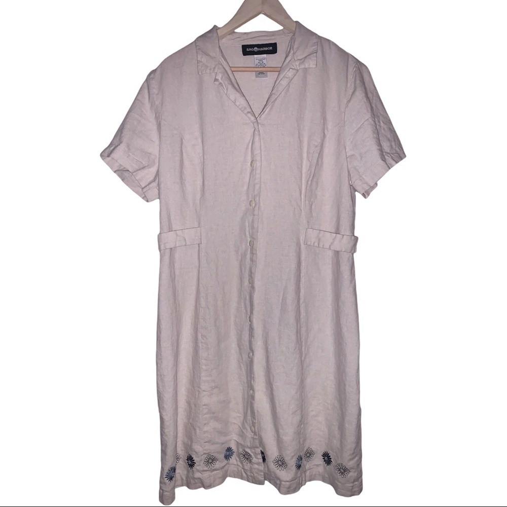 Y2K Vintage Beige Button Up Long Dress With Embroidered Flowers Sag Harbor